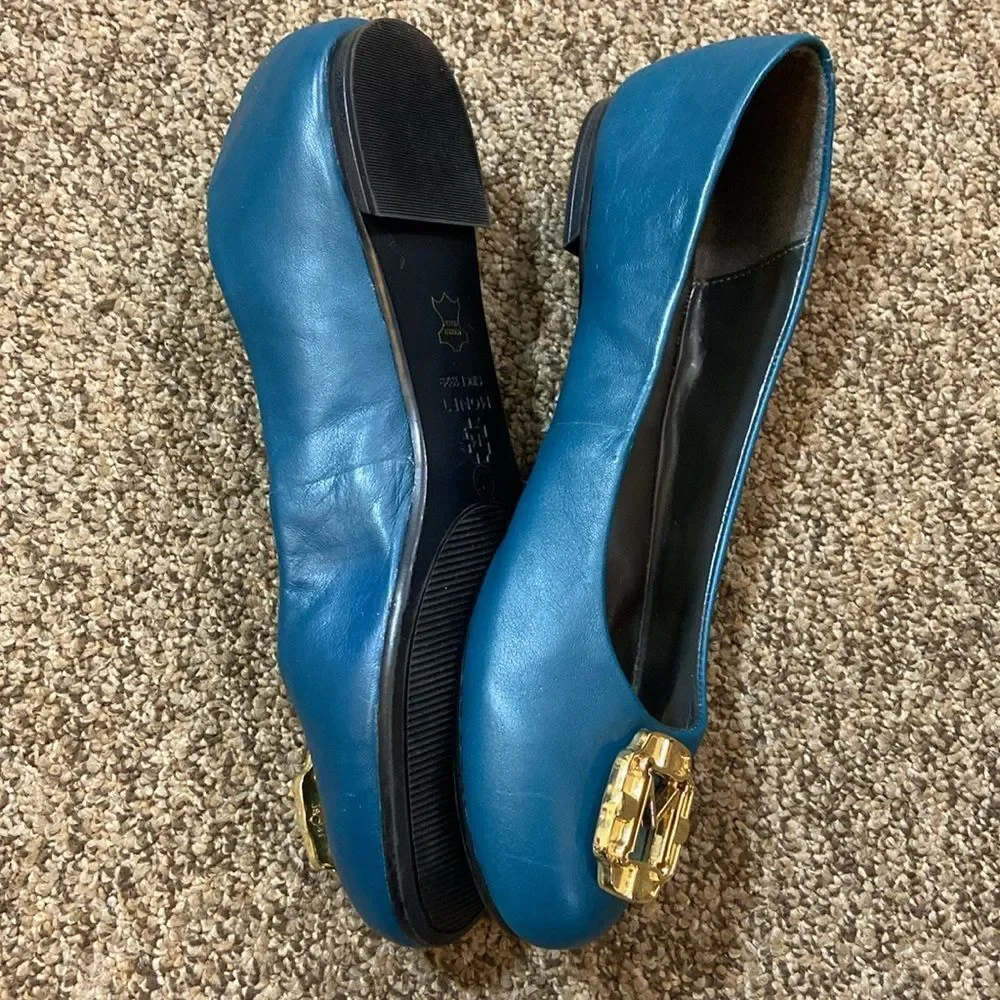 Monet Since 1929 Leather Upper Elegant Teal Flats with Gold Accent Women Sz 10 M
